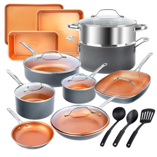 Gotham Steel Nonstick Pots and Pans 20 Pcs Set Ceramic Cookware Bakeware Kitchen Set With Frying Skillet Copper