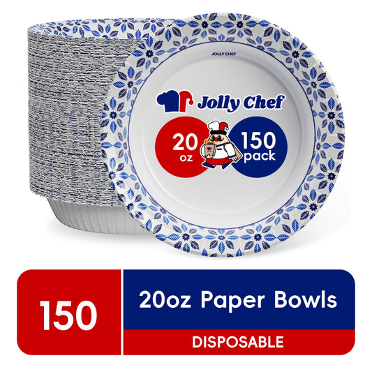 JOLLY CHEF Disposable Paper Bowls,Strong,Soak Proof,Microwave Safe,20 oz,Patterned,150 Count