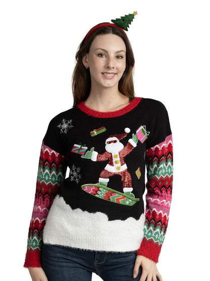 Jollidays Women's Snowboard Santa Ugly Christmas Sweater