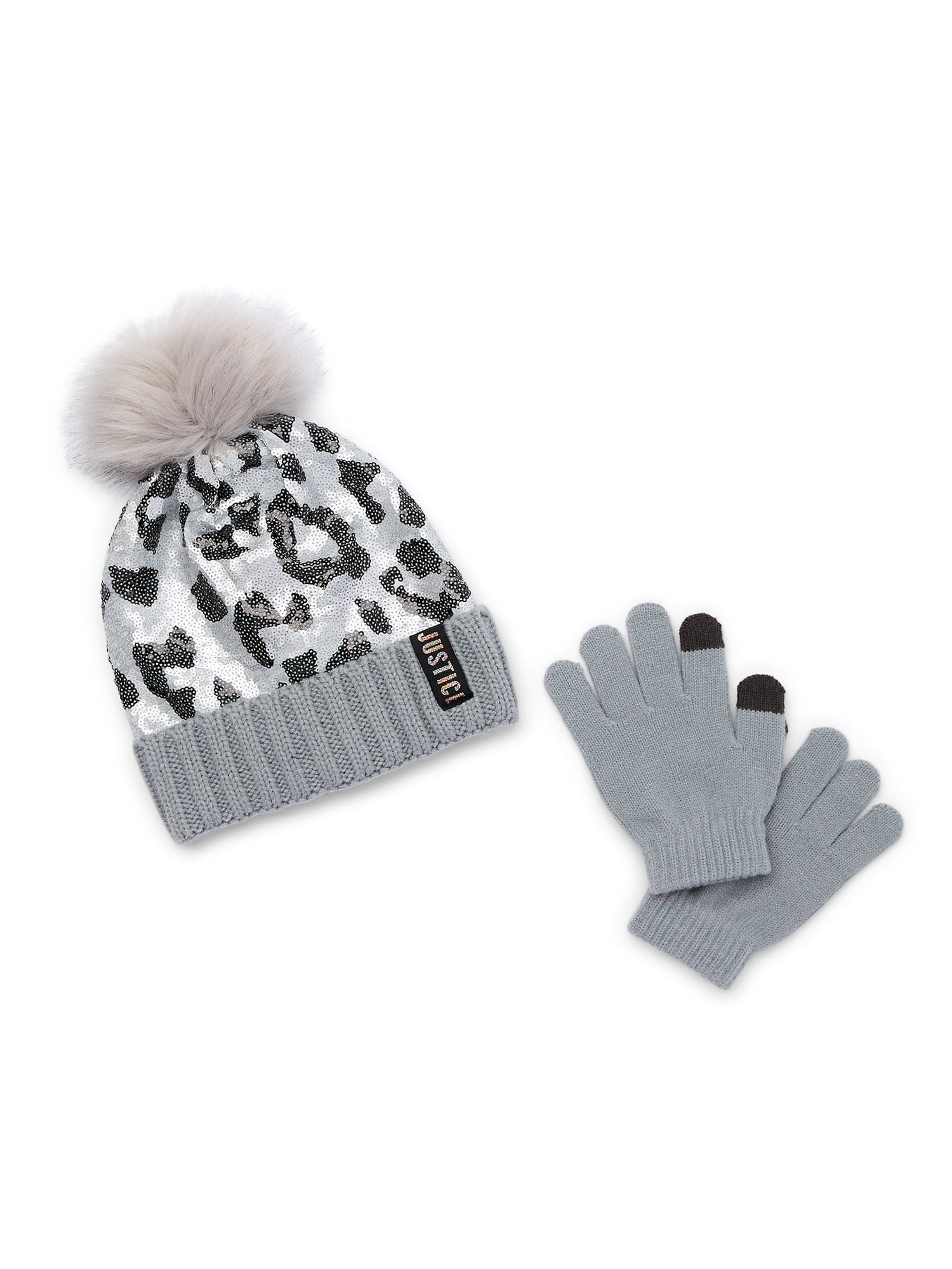 Justice Girls Cheetah Pattern Sequin Beanie Hat with Pom and Gloves, 2-Piece Set, Gray