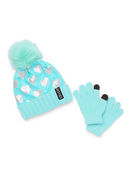 Justice Girls Heart Pattern Sequin Beanie Hat with Pom and Gloves, 2-Piece Set, Aqua/Silver