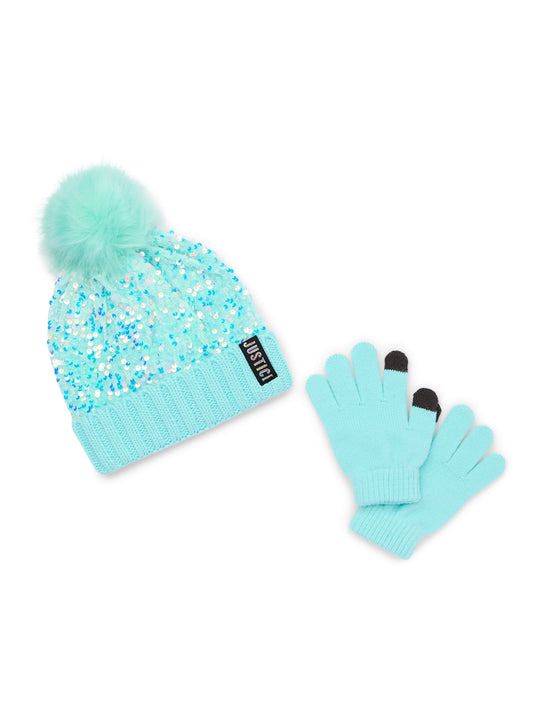 Justice Girls Sequin Beanie Hat with Pom and Gloves, 2-Piece Set, Aqua