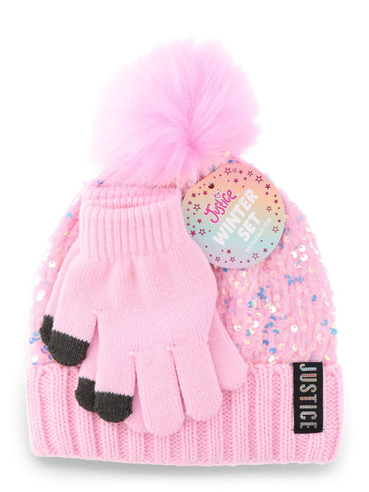 Justice Girls Sequin Beanie Hat with Pom and Gloves, 2-Piece Set, Pink