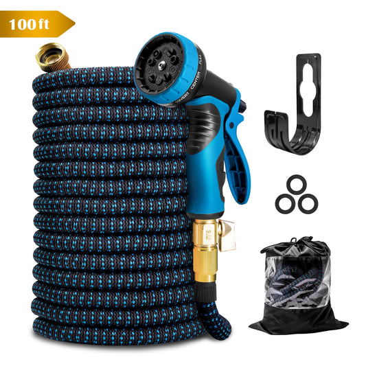 Kotto Expandable Garden Hose, Water Hose for Outside with 10 Spray Nozzles, Leak-Proof, Blue, 100 ft