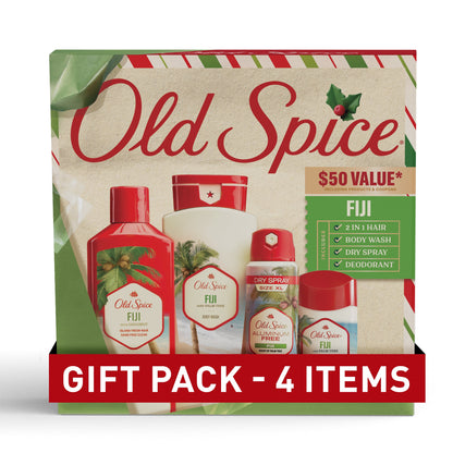 Old Spice Holiday Gift Pack for Men, Fiji Scent, Body Wash, Antiperspirant and Deodorant, Aluminum Free Spray, 2 in 1 Shampoo, 4-pack, Holidude Edition