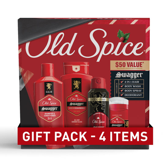 Old Spice Holiday Gift Pack for Men, Swagger Scent, Body Wash, Aluminum Free Deodorant, Body Spray, and 2 in 1 Shampoo, 24/7 Holiday Freshness, 4-Pack