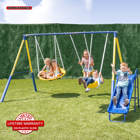 Sportspower Super Saucer Metal Swing Set with 2 Swings, Saucer Swing and a 1pc Heavy Duty Slide