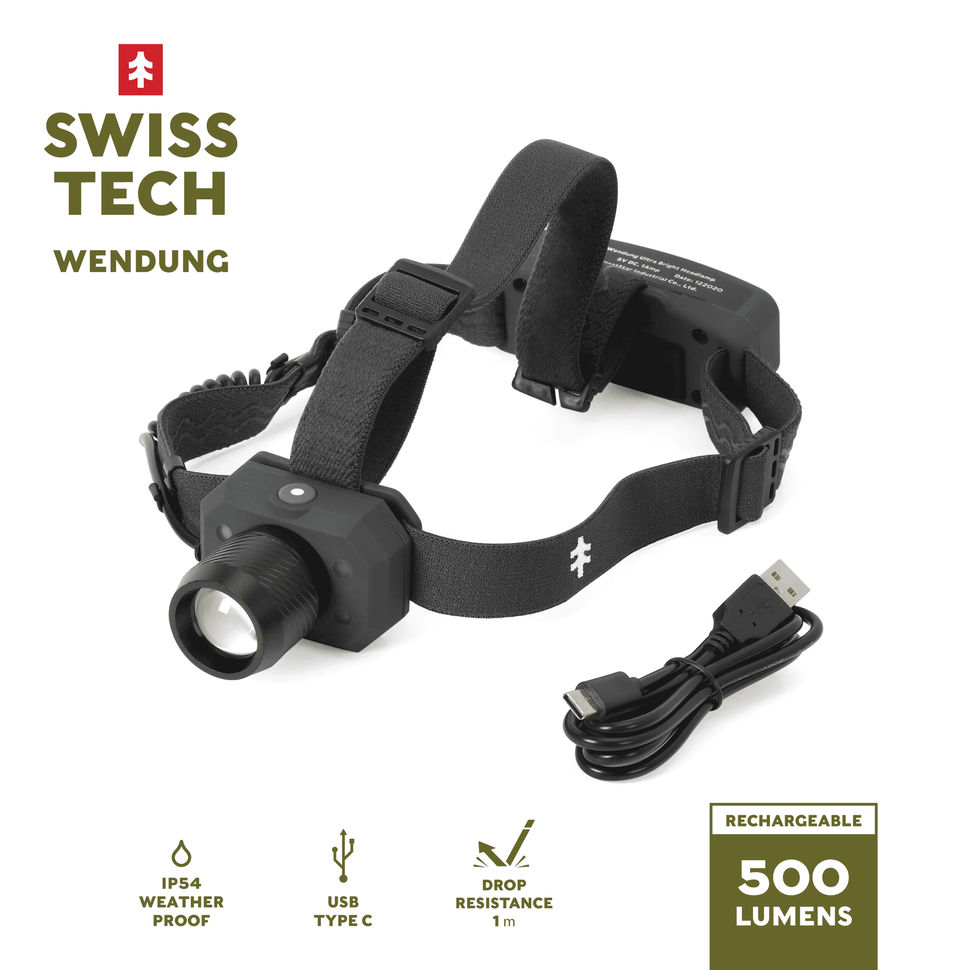 Swiss Tech Rechargeable 500 Lumens LED Headlamp, IPX4 Weatherproof, UV Blood Tracker