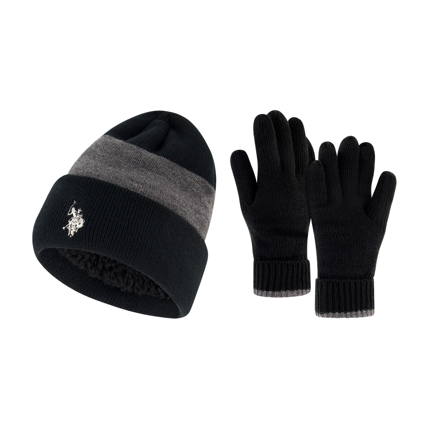 U.S. Polo Assn. Men's Knit Cuffed Wide Stripe Beanie and Glove Set