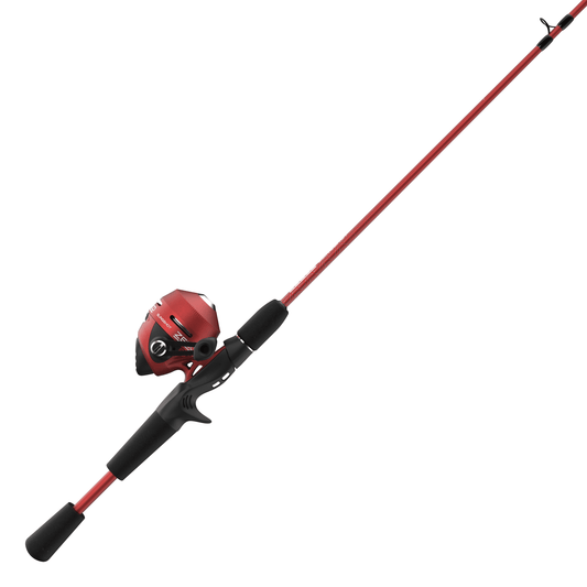 Zebco Slingshot Spincast Reel and Fishing Rod Combo, 5-Foot 6-Inch 2-Piece Fishing Pole, Size 30 Reel, Right-Hand Retrieve, Red