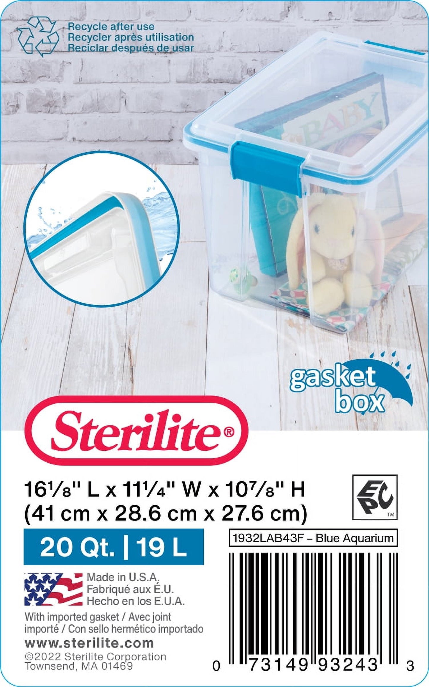 Sterilite 20 Qt. Clear Gasket Storage Box, Blue Latches with Clear Lid