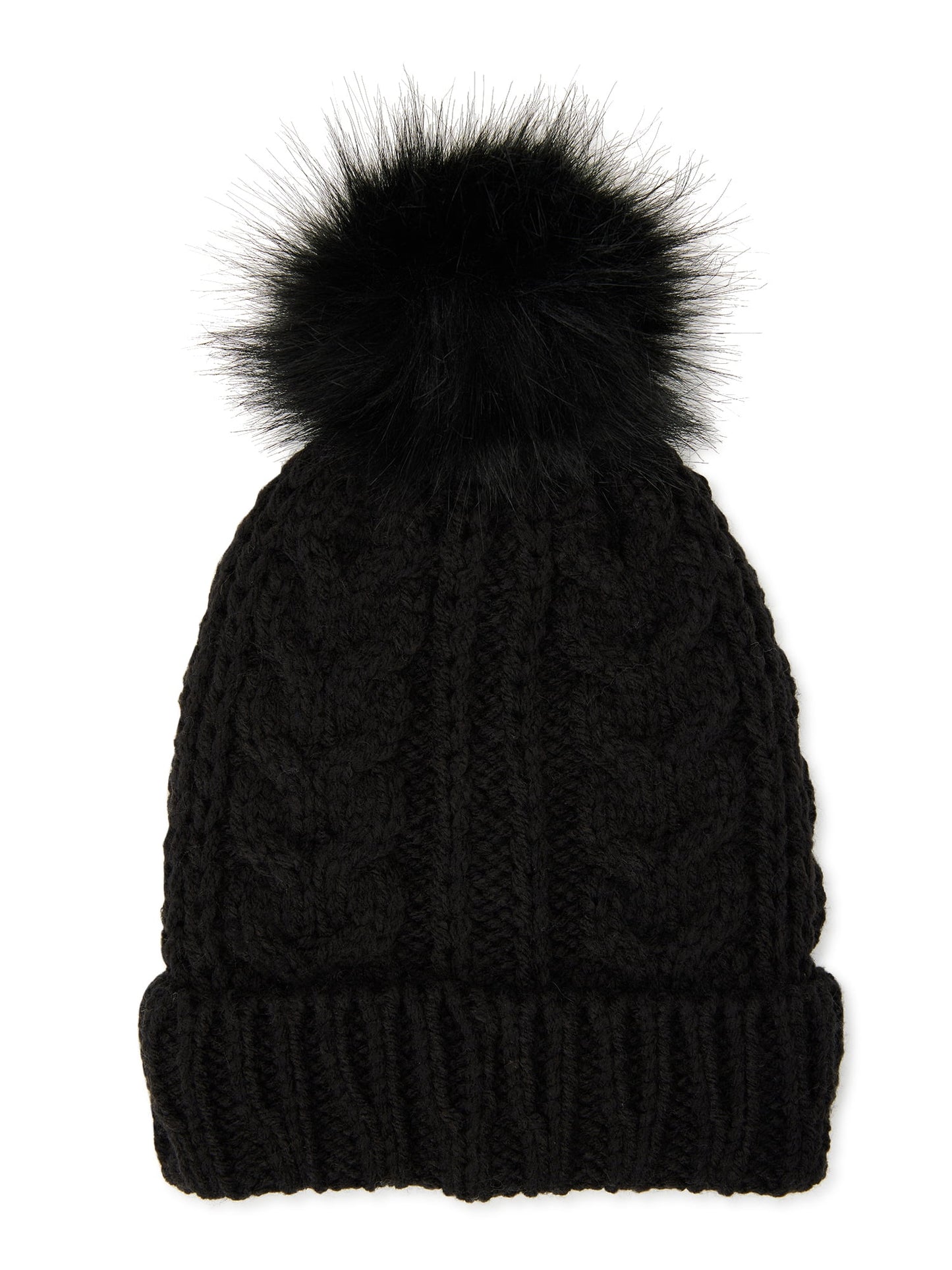 Time and Tru Women's Pom Cable Knit Winter Beanie, Black Soot