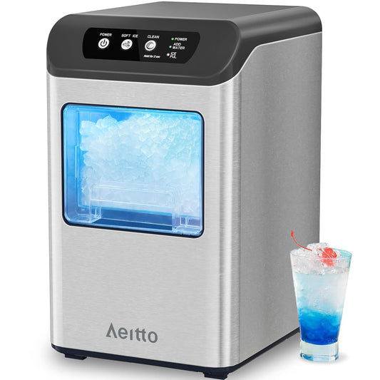 Aeitto Nugget Ice Maker Countertop, 55 lbs/Day, Chewable Ice Maker, Rapid Ice Release in 5 Mins, Auto Water Refill, Self-Cleaning, Stainless Steel Housing Ice Machine, Black