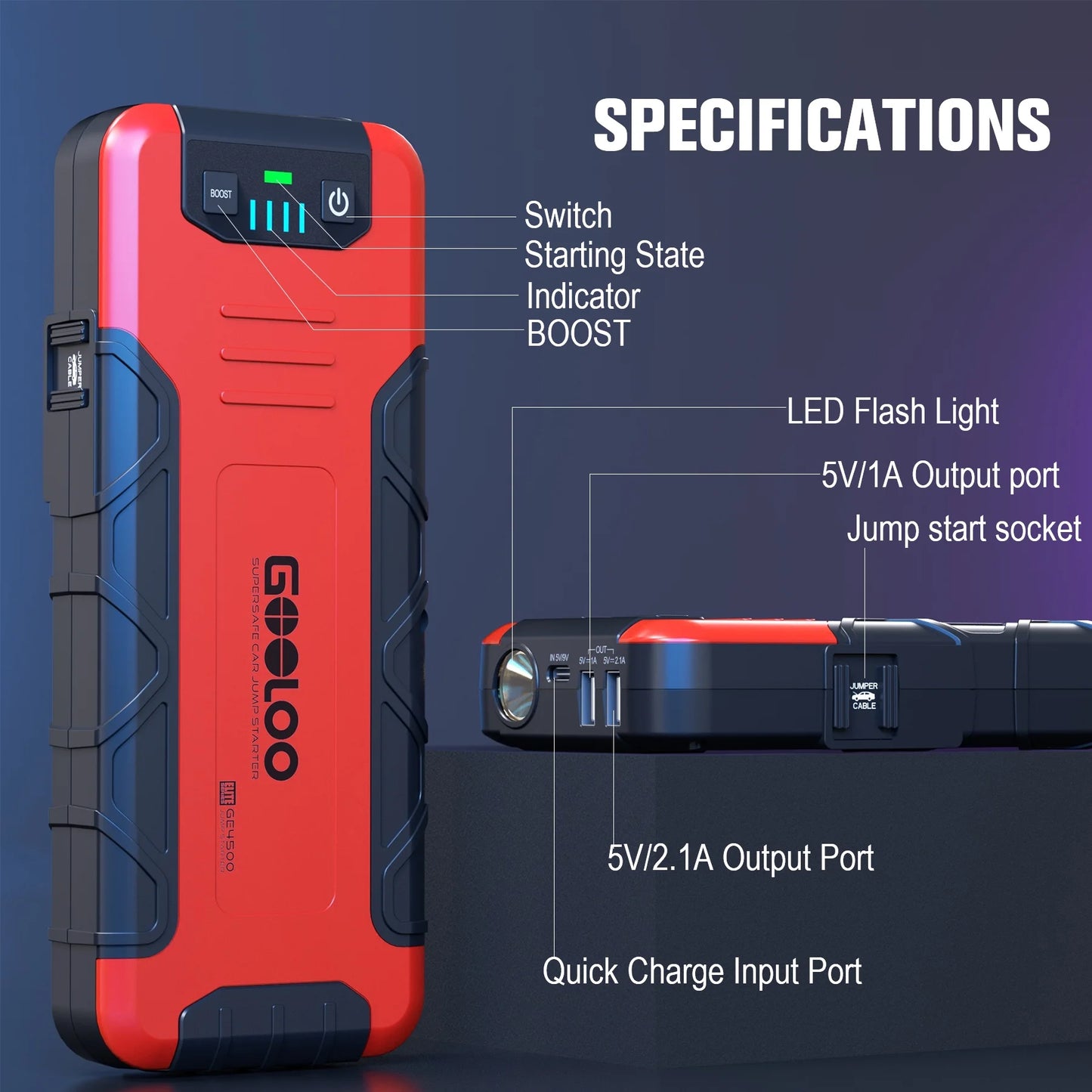 GOOLOO Car Battery Jump Starter,4500A Peak Jump Starter with USB Quick Charge (for 10L Gas or Up to 8L Diesel),GE4500 12V Jumper Pack with LED Light Powerful