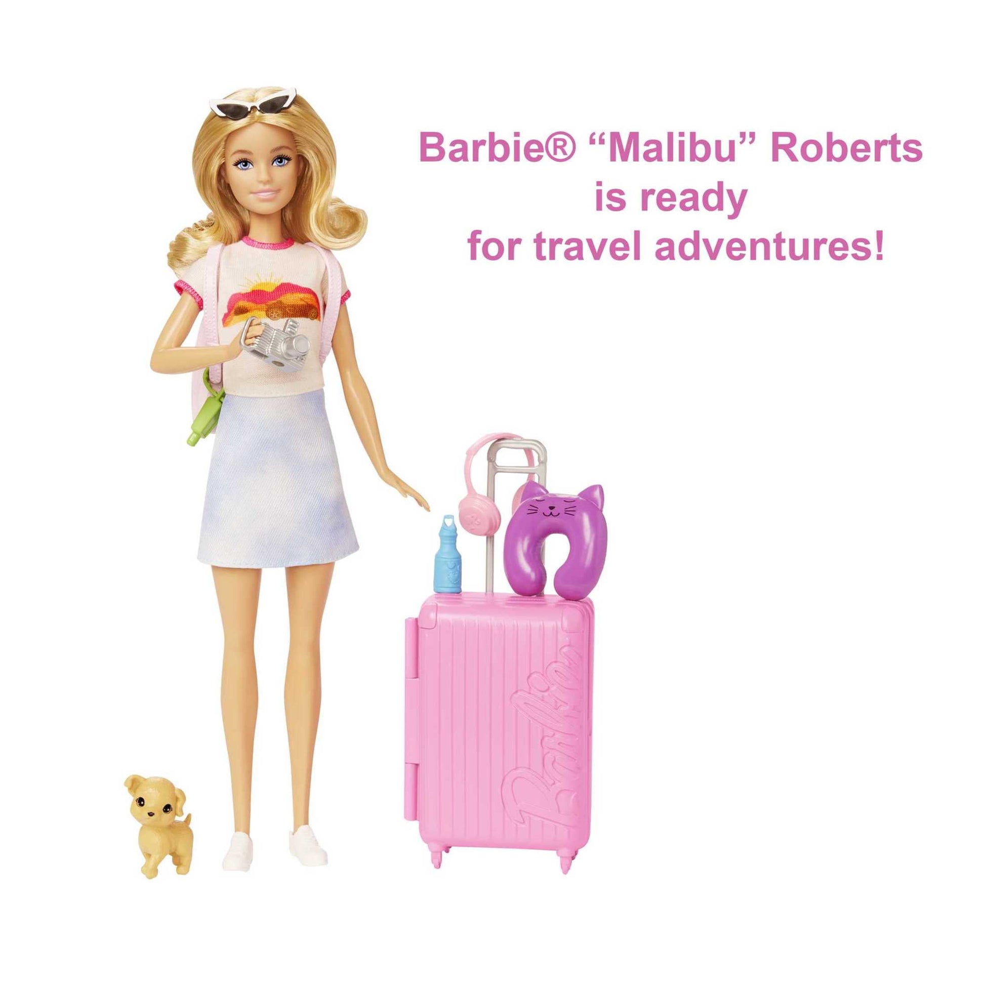 Barbie Doll and Accessories, 'Malibu' Travel Set with Puppy & Working Suitcase, 10+ Pieces