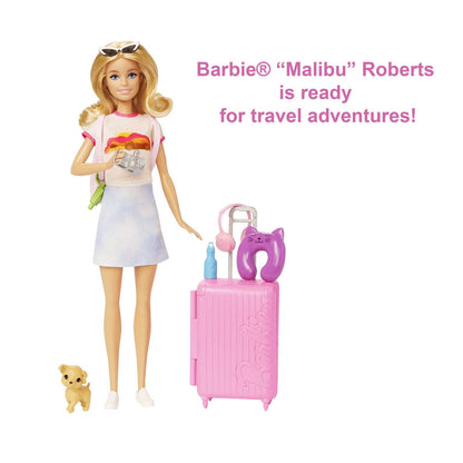 Barbie Doll and Accessories, 'Malibu' Travel Set with Puppy & Working Suitcase, 10+ Pieces