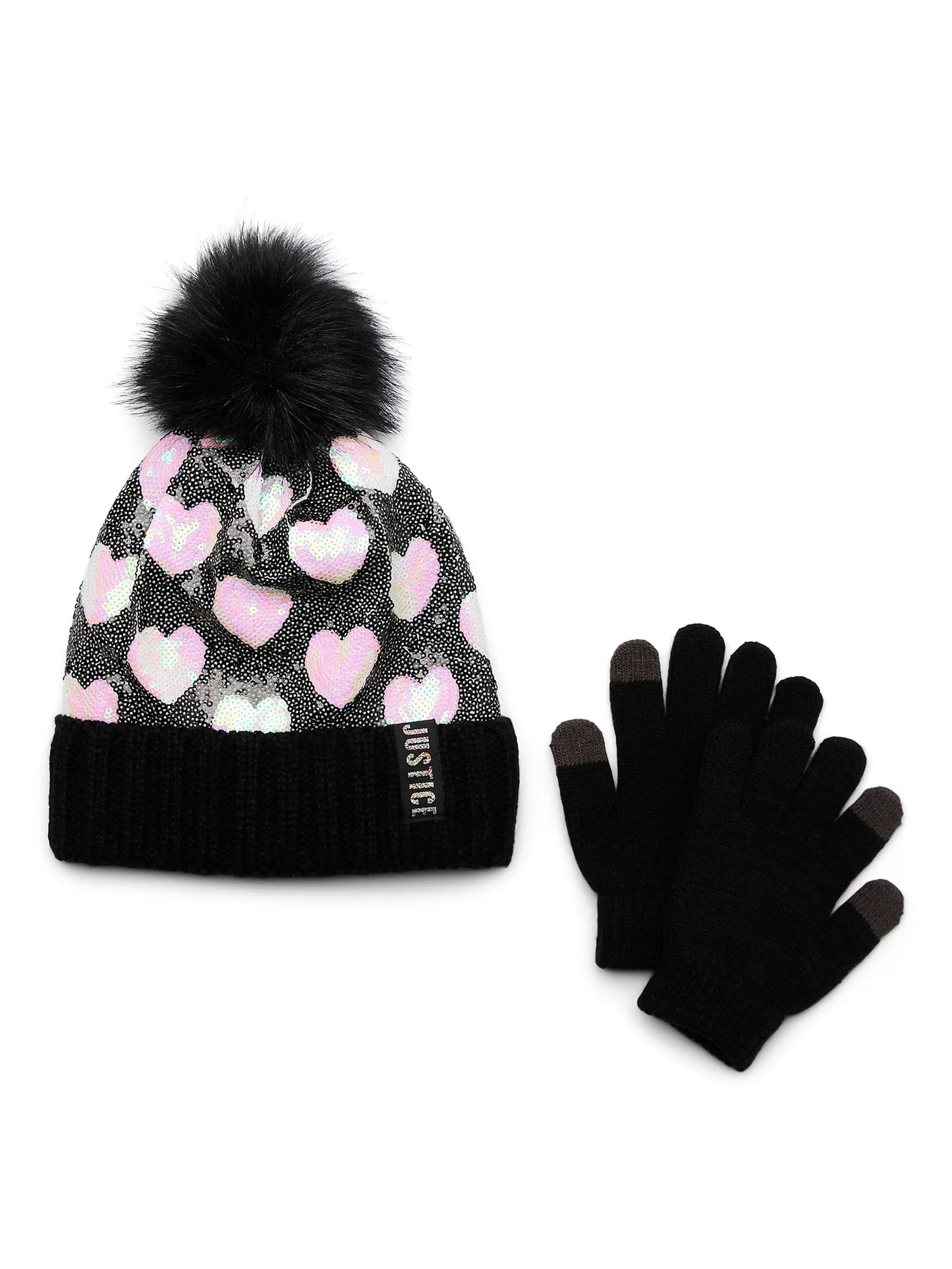 Justice Girls Heart Pattern Sequin Beanie Hat with Pom and Gloves, 2-Piece Set, Black/Iridescent