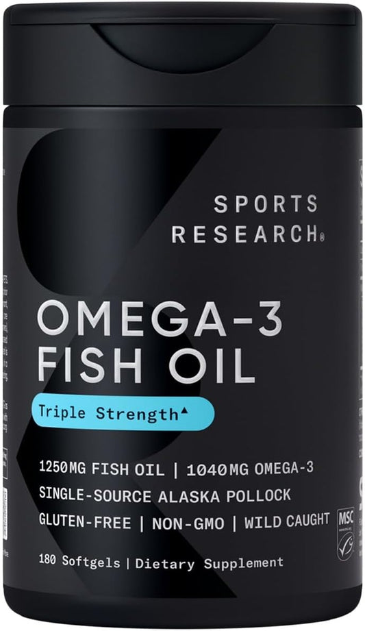 Sports Research Triple Strength Omega 3 Fish Oil - Burpless Fish Oil Supplement w/EPA & DHA Fatty Acids from Single-Source Wild Alaska Pollock - 1250 mg, 180 ct