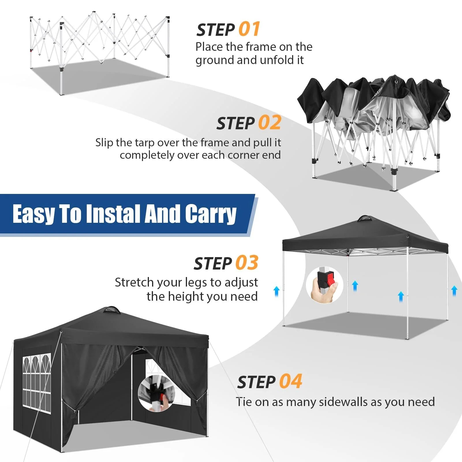 HOTEEL Canopy 10x10 Waterproof Pop up Canopy Tent with 4 Sidewalls Outdoor Event Shelter Tent for Parties Sun Shade Party Commercial Canopy with Air Vent & Carry Bag, Black