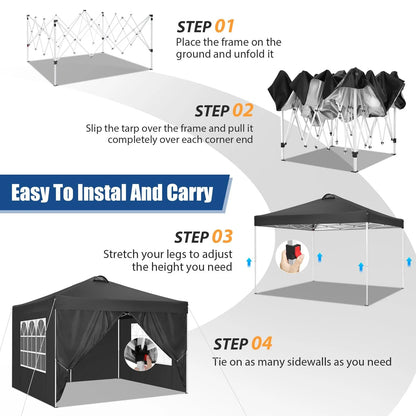 HOTEEL Canopy 10x10 Waterproof Pop up Canopy Tent with 4 Sidewalls Outdoor Event Shelter Tent for Parties Sun Shade Party Commercial Canopy with Air Vent & Carry Bag, Black