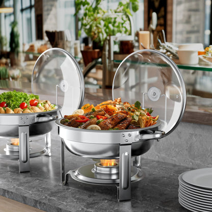 Chafing Dish Buffet Set 4 Pack, TINANA 5QT Stainless Steel Chafing Dishes for Buffet with Glass Lid & Lid Holder, Round Chafers and Buffet Warmers Sets for Parties, Events, Wedding, Camping, Dinner