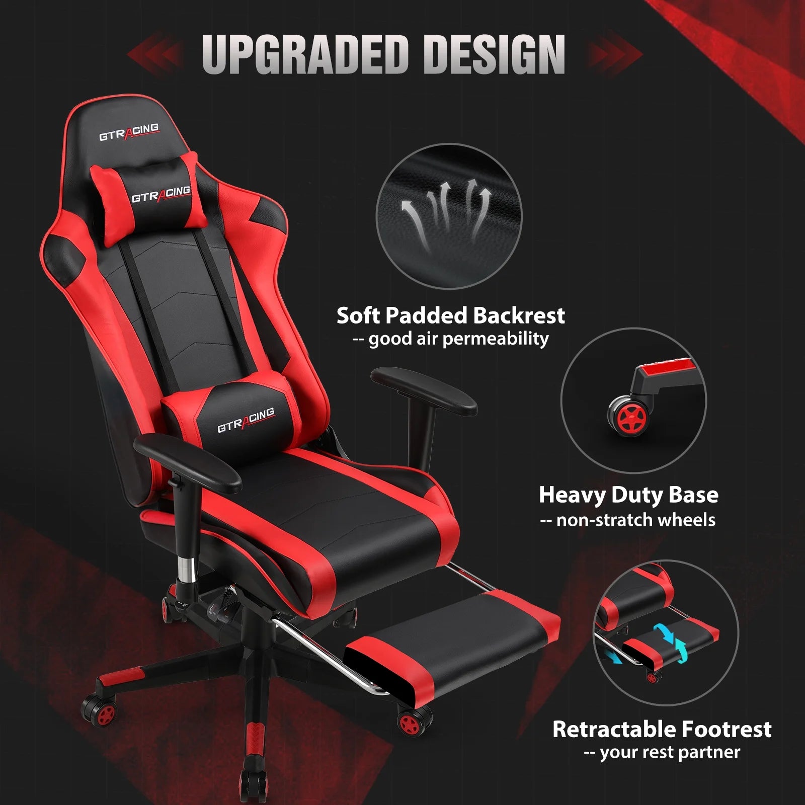 GTRACING Gaming Chair Office Chair PU Leather with Footrest & Adjustable Headrest for Adults and Kids, Red