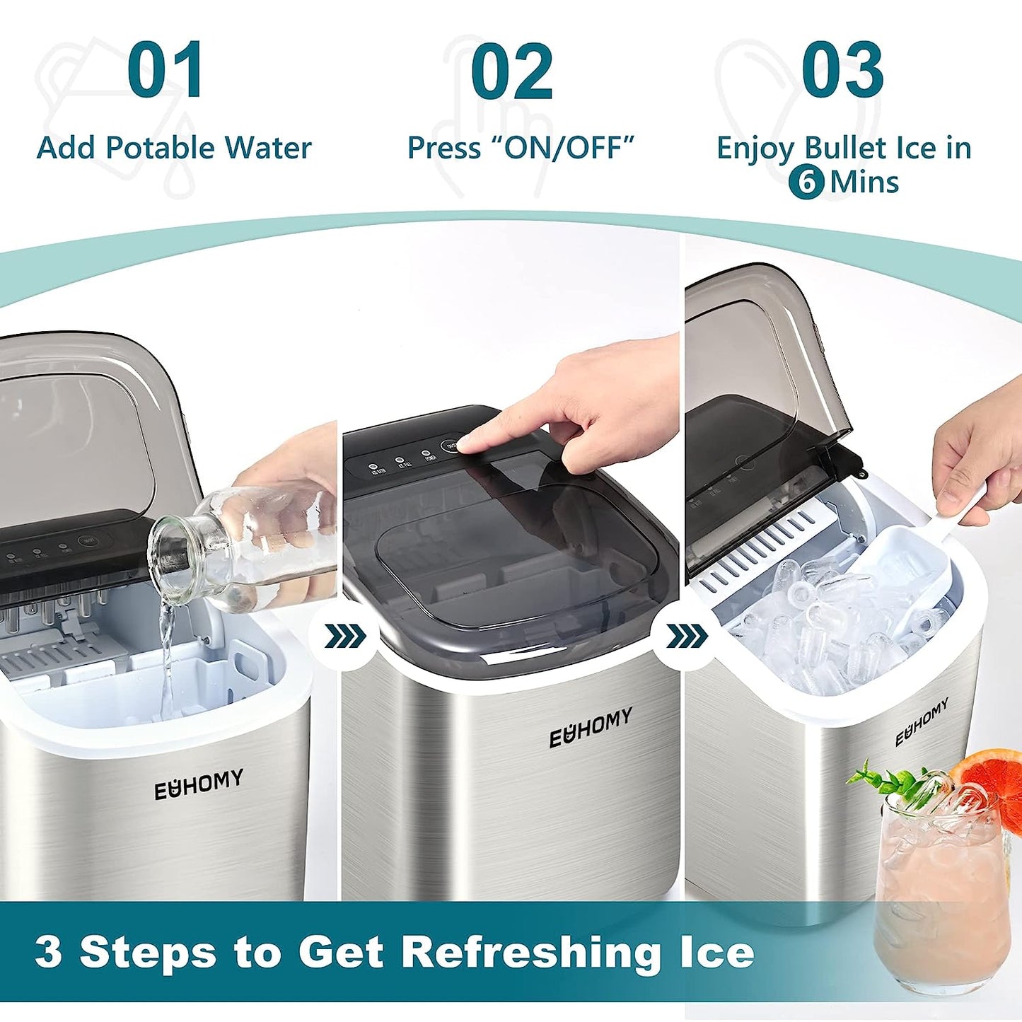 EUHOMY Countertop Ice Maker Machine with Handle, 26lbs Per Day, 9 Ice Cubes Ready in 6 Mins, Auto-Cleaning Portable Ice Maker with Basket and Scoop, for Home/Kitchen/Camping/RV (Silver)