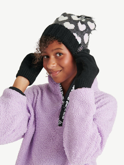 Justice Girls Heart Pattern Sequin Beanie Hat with Pom and Gloves, 2-Piece Set, Black/Iridescent