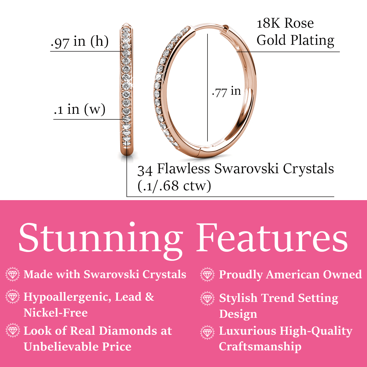 Cate & Chloe Bianca 18k Rose Gold Drop Dangle Hoop Earrings with Swarovski Crystals Gift for Women