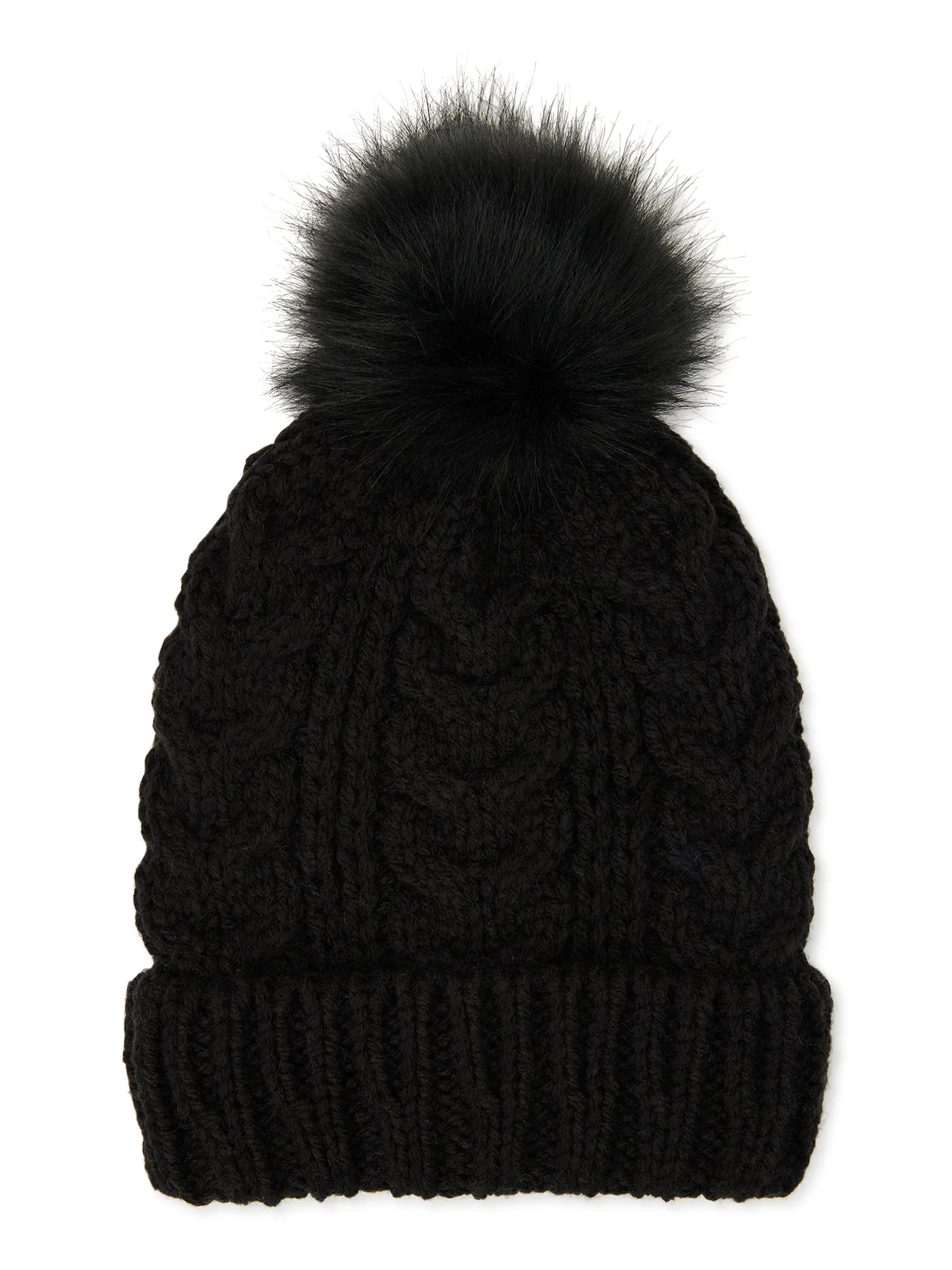 Time and Tru Women's Pom Cable Knit Winter Beanie, Black Soot