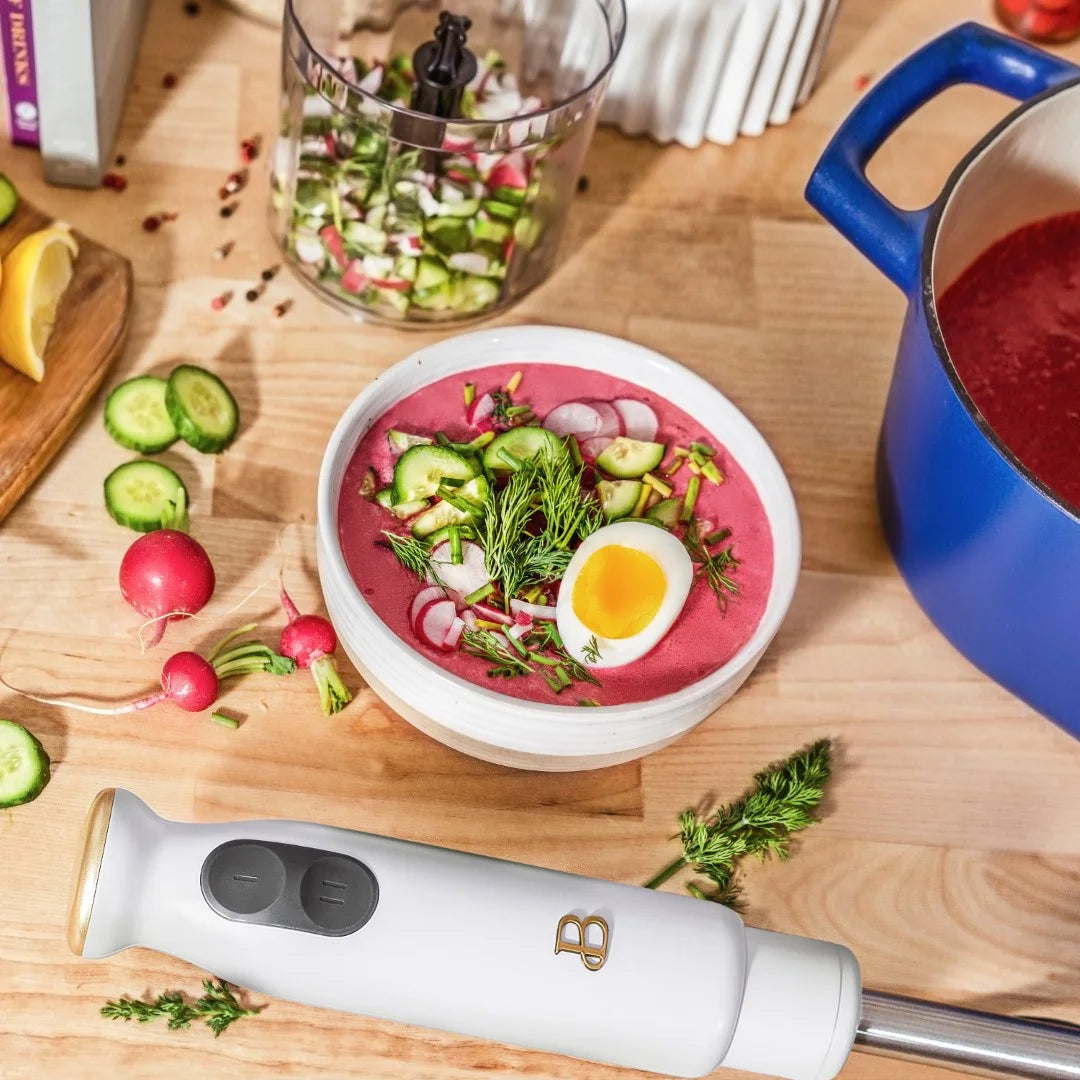 Beautiful 2-Speed Immersion Blender with Chopper & Measuring Cup, White Icing by Drew Barrymore