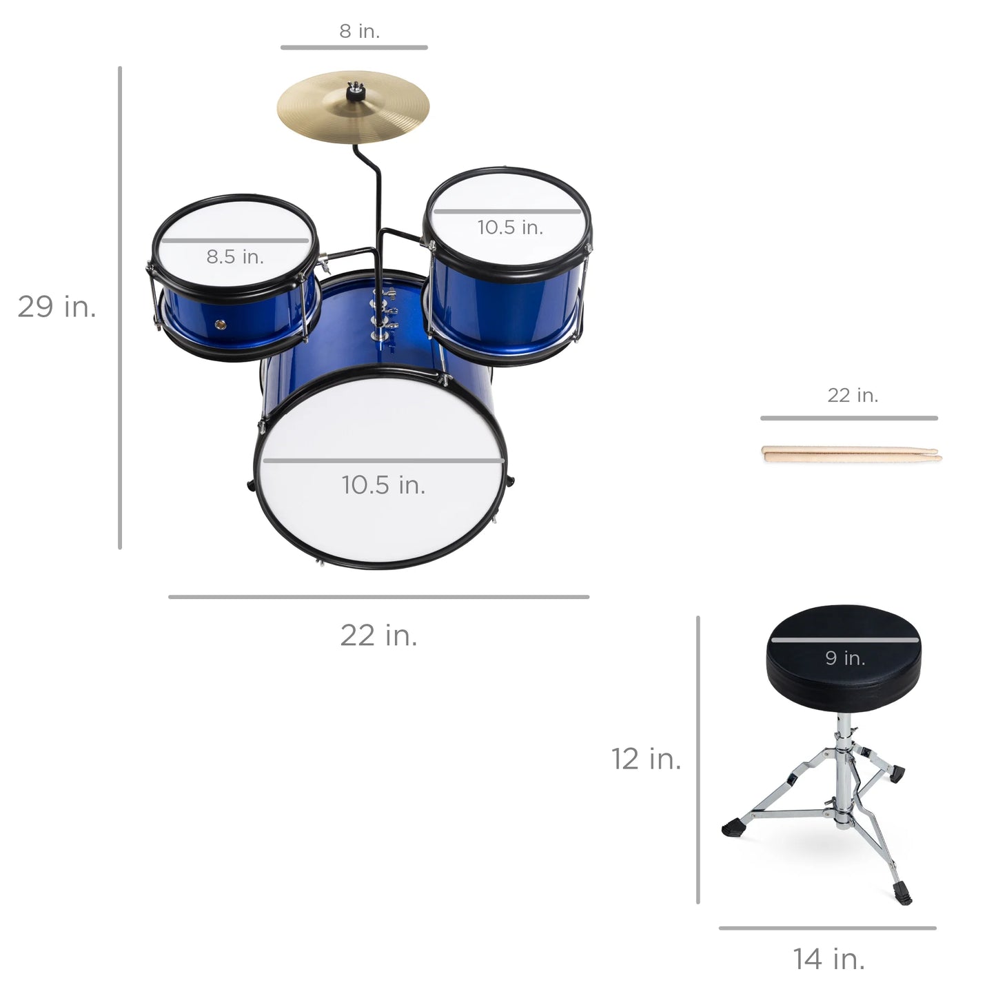 Best Choice Products Kids Beginner 3-Piece Drum, Musical Instrument Set w/ Sticks, Cushioned Stool, Drum Pedal - Blue