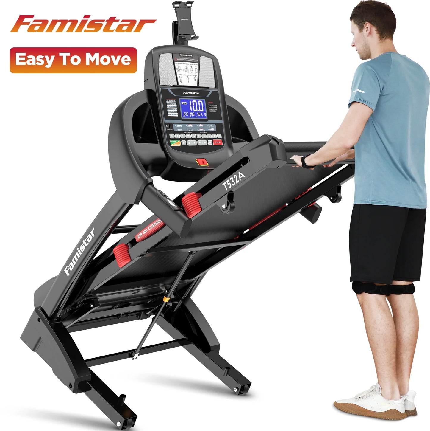 Famistar 4.5HP Folding Treadmill w/ APP control Portable Foldable, 15 Levels Auto Incline Treadmill for Home Office, 300lbs Capacity, Adjustable iPad Holder, Max 10MPH Speed, Knee Strap Gift