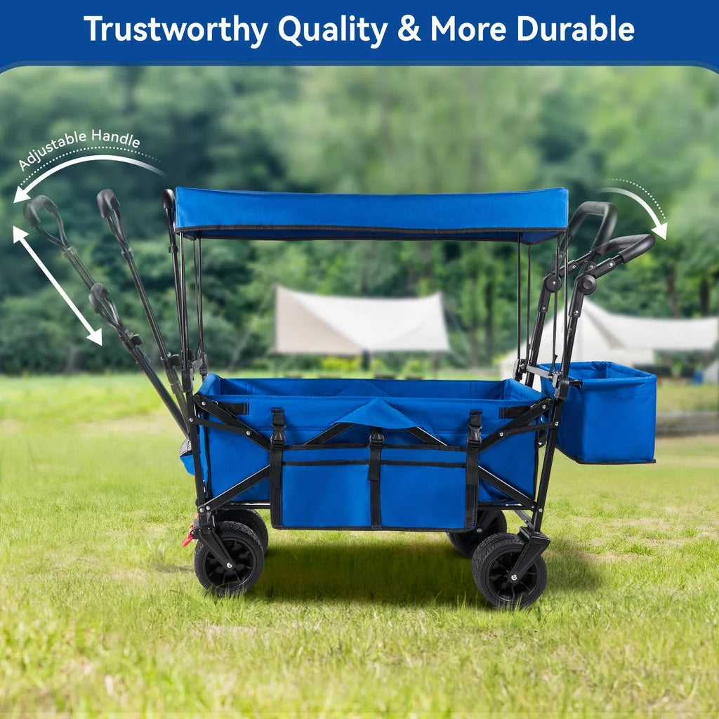 Collapsible Garden Wagon Cart with Removable Canopy, VECUKTY Foldable Wagon Utility Carts with Wheels and Rear Storage, for Garden Camping Grocery Shopping Cart,Blue