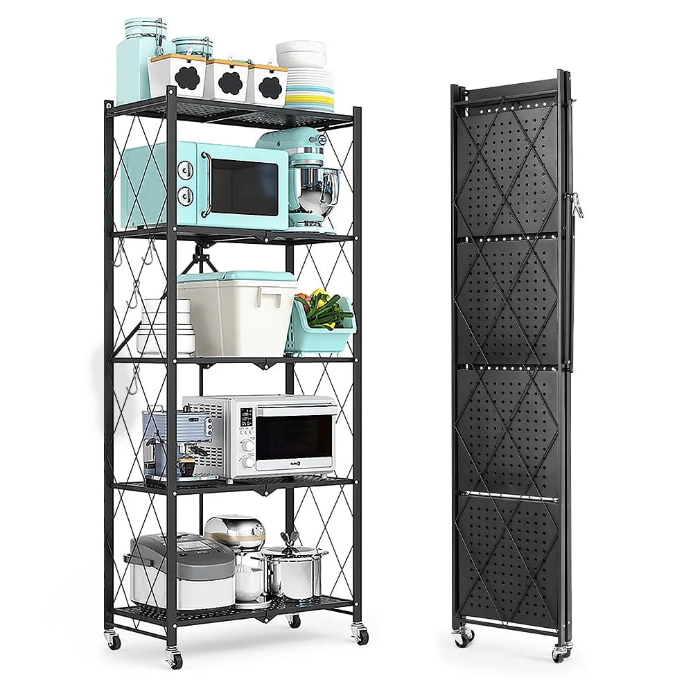 COOKCOK 5-Tier Storage Shelving Unit, Metal Shelf 27.9"x13.4"x62.5, Foldable Storage Shelf with Wheels, Garage Shelf, Metal Storage Rack, Kitchen Shelf with 4 Hooks, No Assemble Require