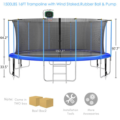 16FT Trampoline for 8-9 Kids Adults with Basketball Hoop, Enclosure, Light, Sprinkler, Socks, 2000LBS Outdoor Round Heavy Duty Recreational Backyard Trampoline