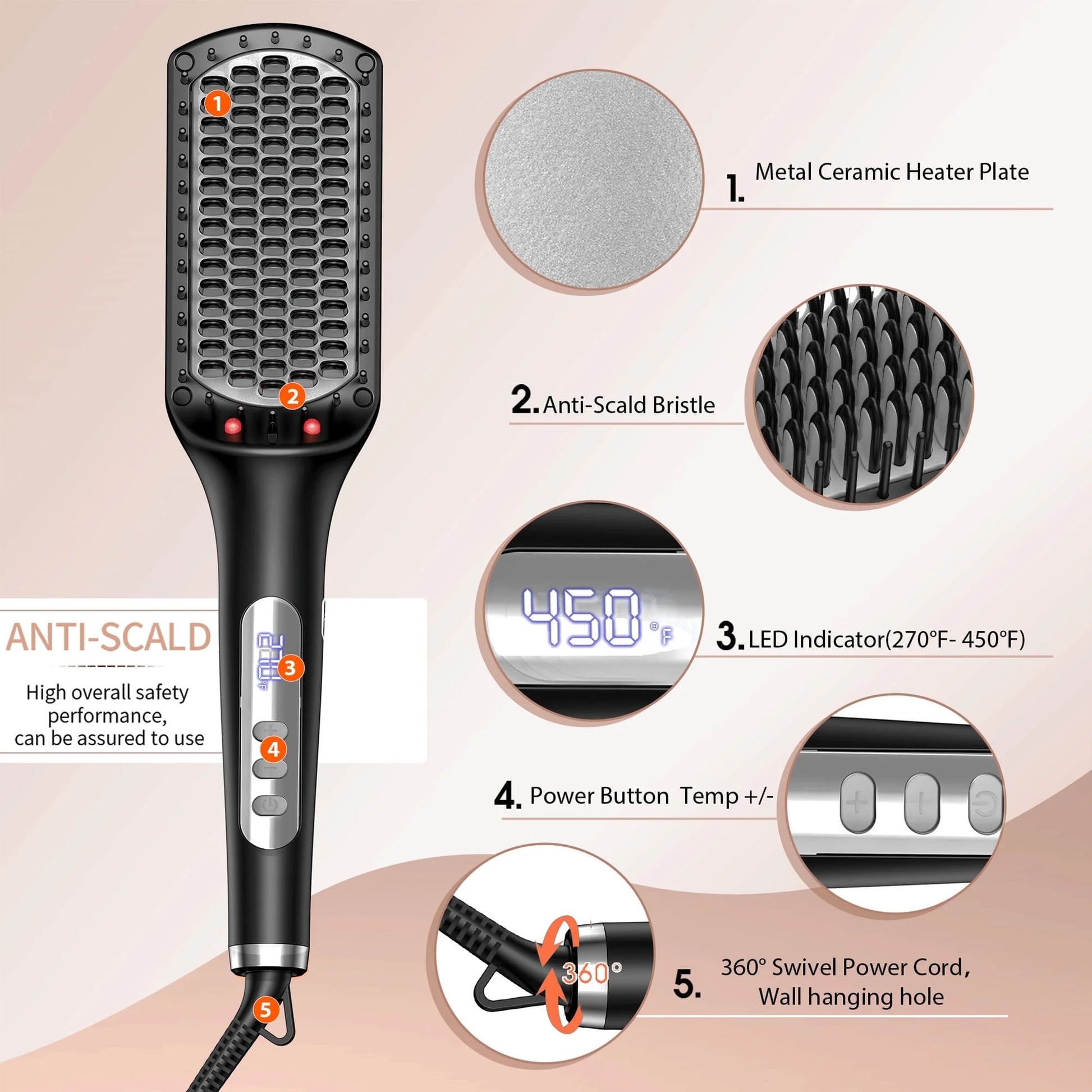 SKIMI Hair Straightening Brush, Ionic Hair Straightener Comb, LED Display, Ceramic Coating