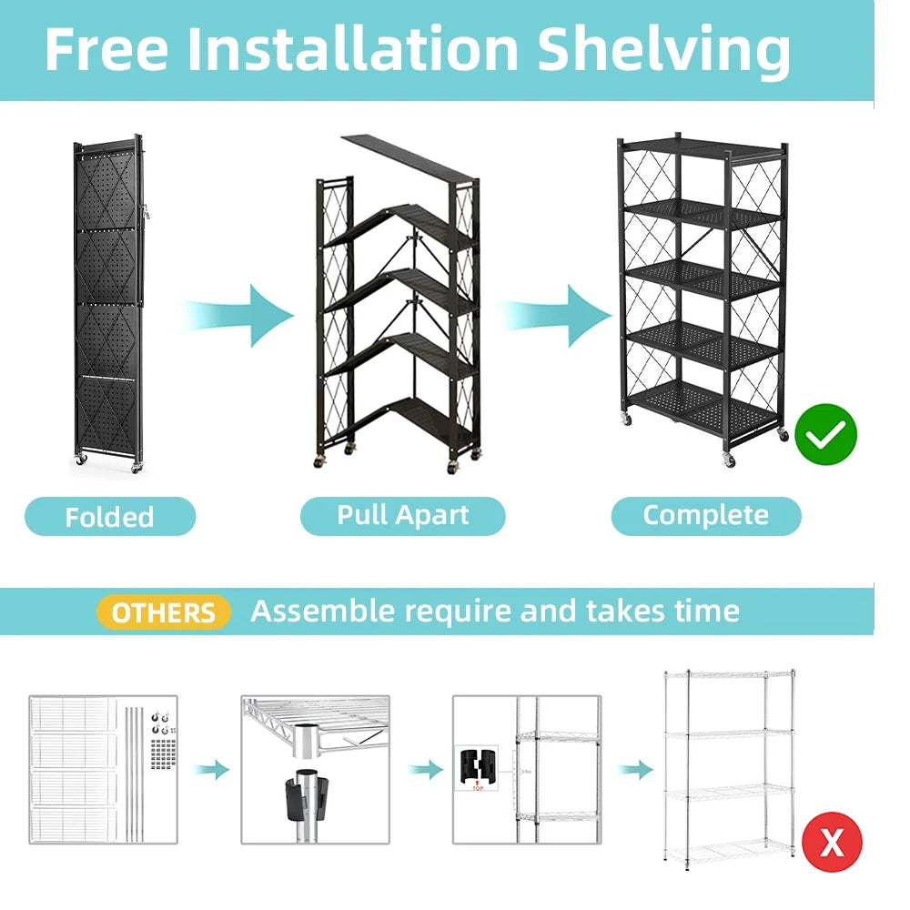 COOKCOK 5-Tier Storage Shelving Unit, Metal Shelf 27.9"x13.4"x62.5, Foldable Storage Shelf with Wheels, Garage Shelf, Metal Storage Rack, Kitchen Shelf with 4 Hooks, No Assemble Require