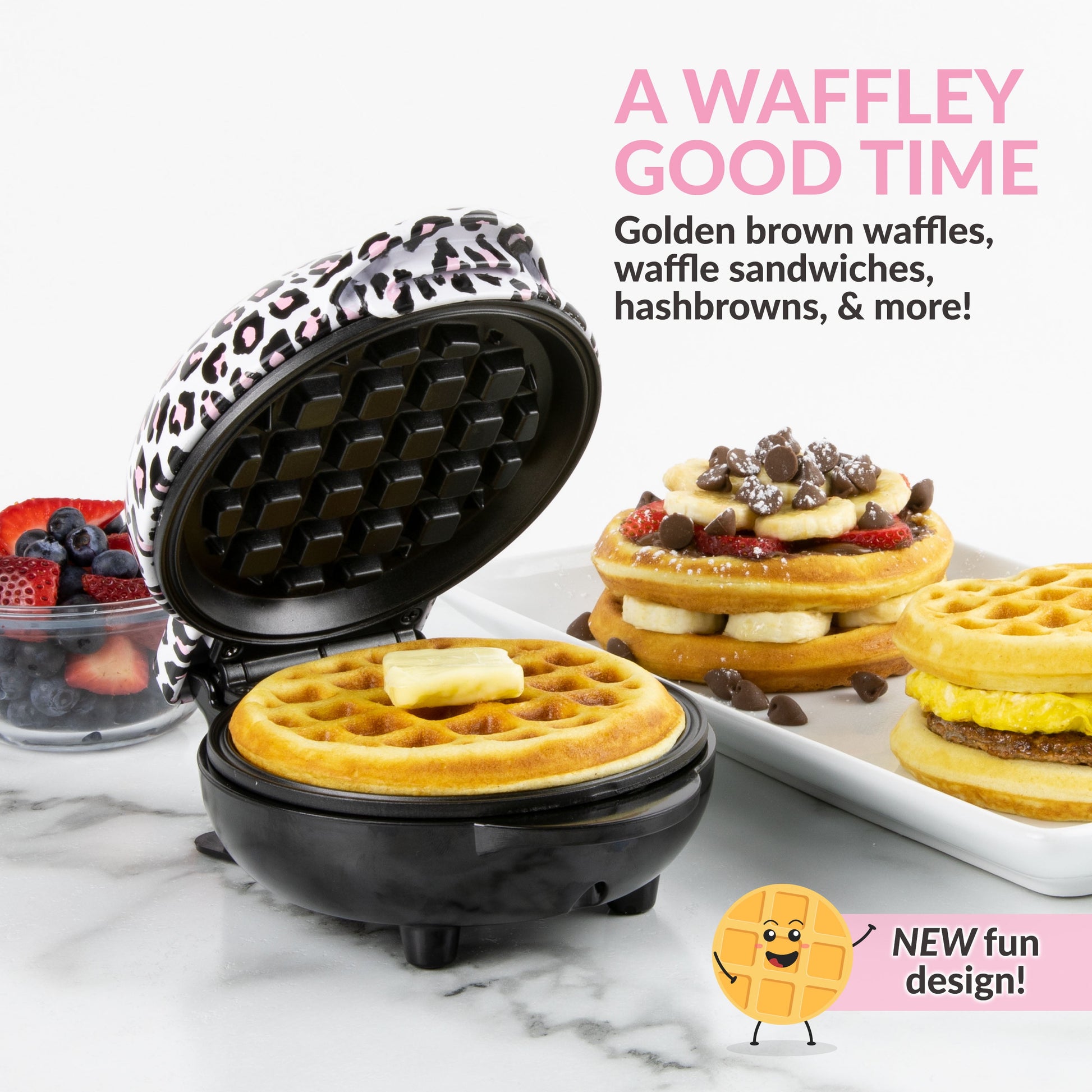 MyMini Waffle Maker, Black & White Leopard Print