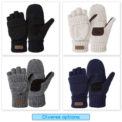 COOPLUS Mittens Winter Fingerless Gloves Warm Wool Knitted Gloves Convertible Gloves for Men and Women