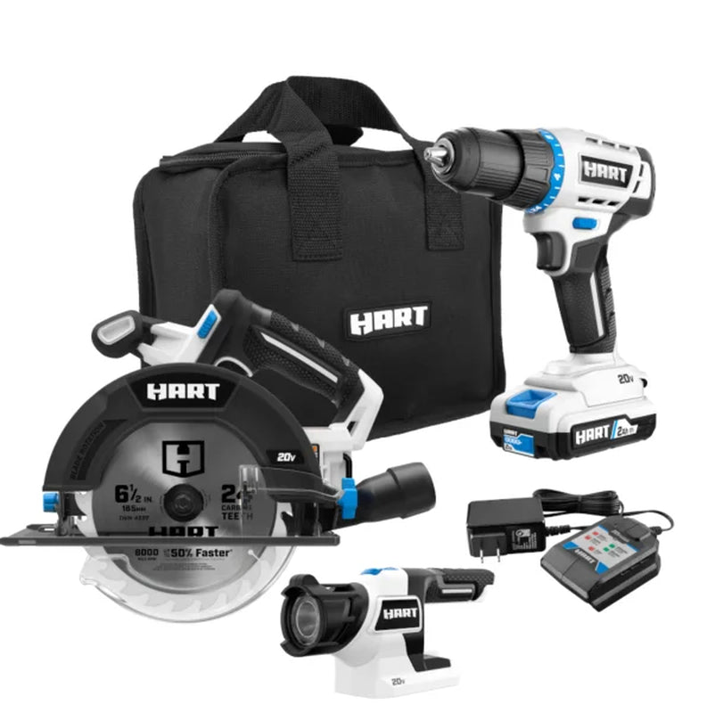 HART 20V 3-Tool Combo Kit, Drill, 6-1/2" Circular Saw, and LED Light 1 Each