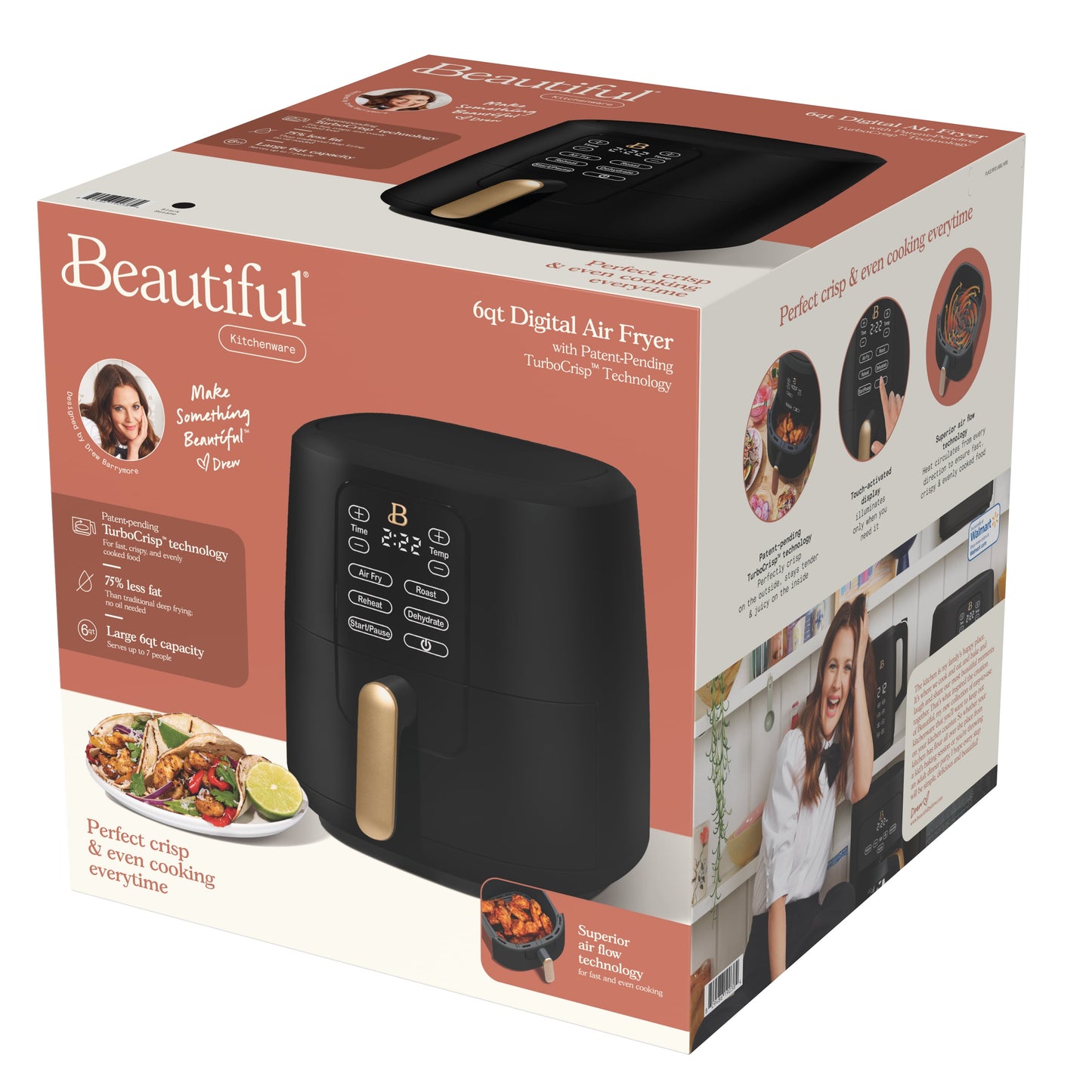 Beautiful 6 Qt Air Fryer with TurboCrisp Technology and Touch-Activated Display, Black Sesame by Drew Barrymore