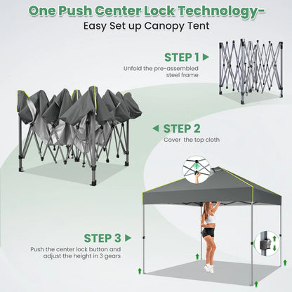 Hoteel Canopy 10x10 Pop Up Canopy Tent 1-Button Push Easy up Outdoor Canopy Instant Portable Commercial Shelter Waterproof UPF50+ Gazebo with Reflective Strip, Air Vent & 4 Sandbags, Gray