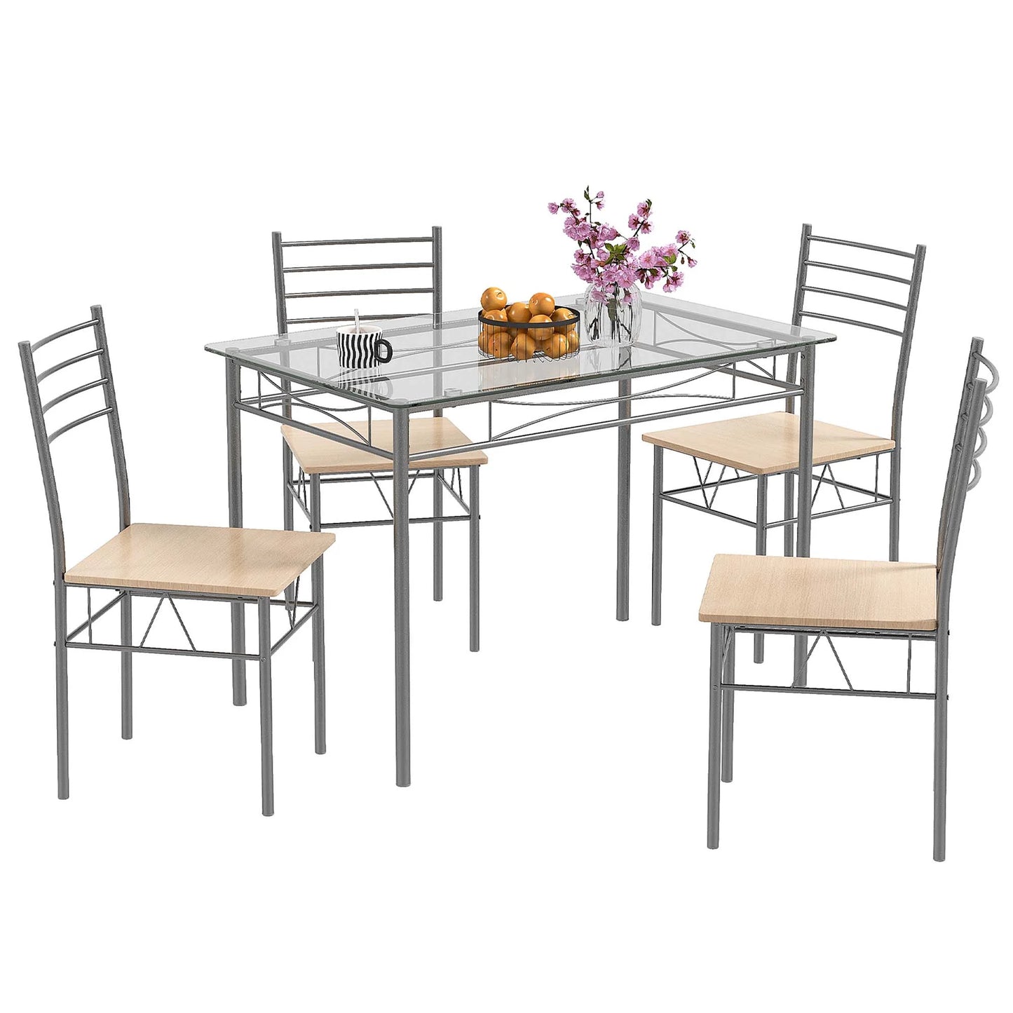 Costway 5 Piece Dining Set Table and 4 Chairs Glass Top Kitchen Breakfast Furniture Brown