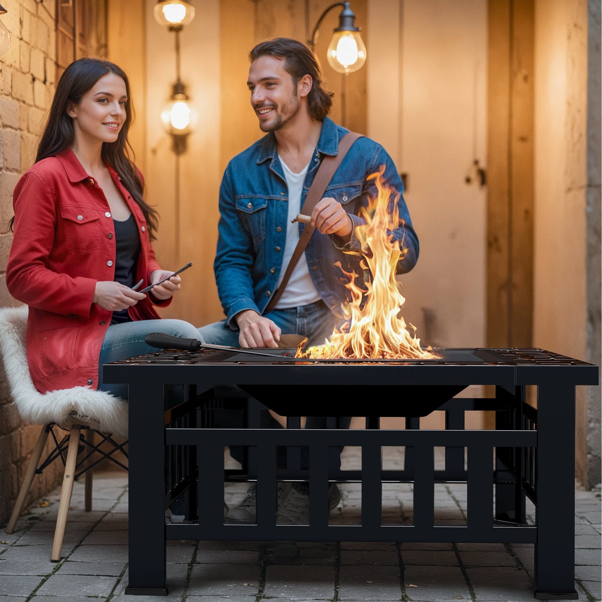 Lacoo 32" Patio Square Fire Pit Table for Patio Backyard BBQ, Ice Storage with Mesh Lid, Poker and Cover, Black