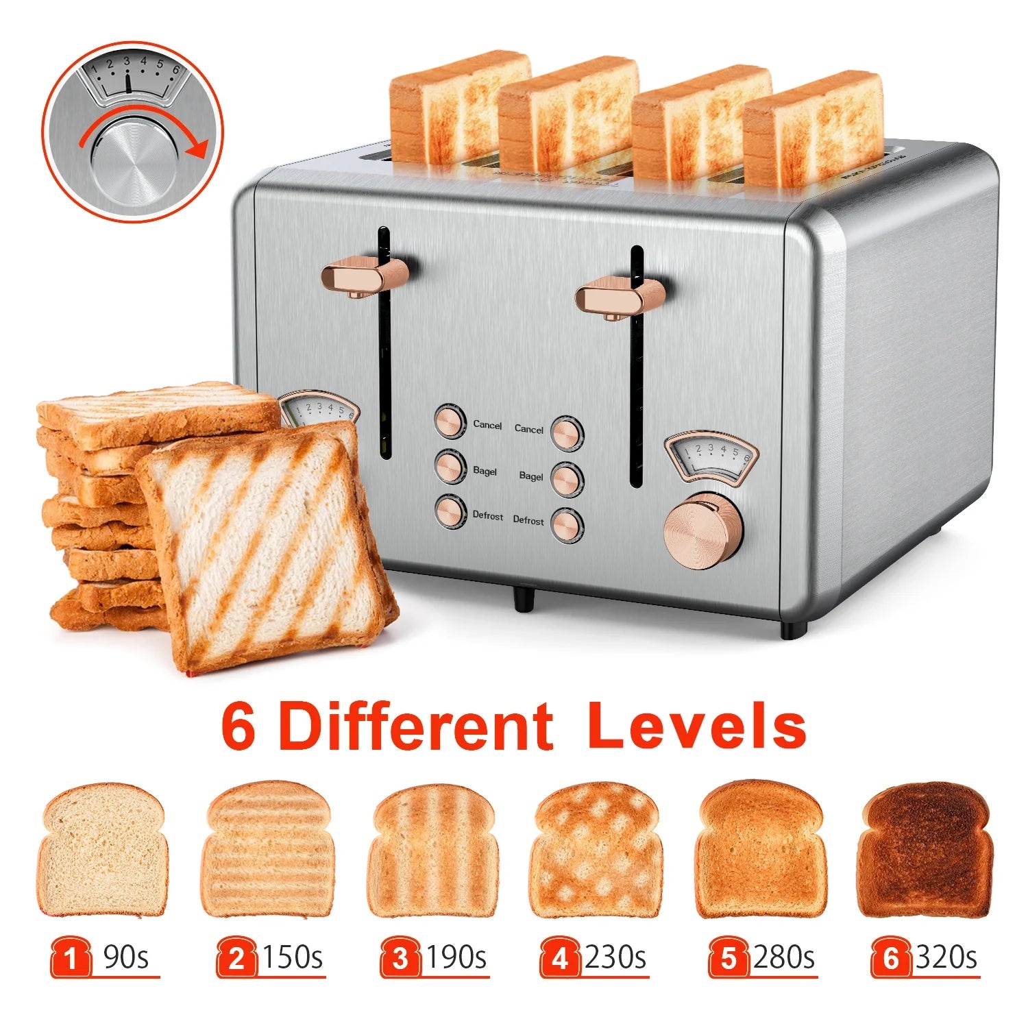 WHALL 4 Slice Toaster - Stainless Steel Bagel Toaster with Dual Control Panels, Wide Slot, 6 Shade Settings, Removable Crumb Tray