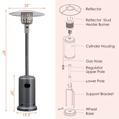 Gymax 50000 BTU Patio Standing LP Gas Heater Stainless Steel Propane W/ Wheels Grey