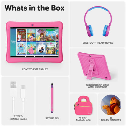 Contixo 10" Kids Tablet Bundle, 80 FREE Disney eBooks, Bluetooth Headphones, Case, Stylus, 32GB, Parental Controls, Tablet for kids 3-7 - Pink