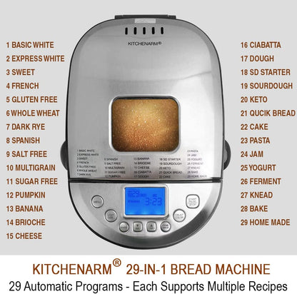 KITCHENARM 29-in-1 SMART Bread Machine with Gluten Free Setting 2LB 1.5LB 1LB Bread Maker Machine with Homemade Cycle - Stainless Steel Breadmaker with Recipes Whole Wheat Bread Making Machine