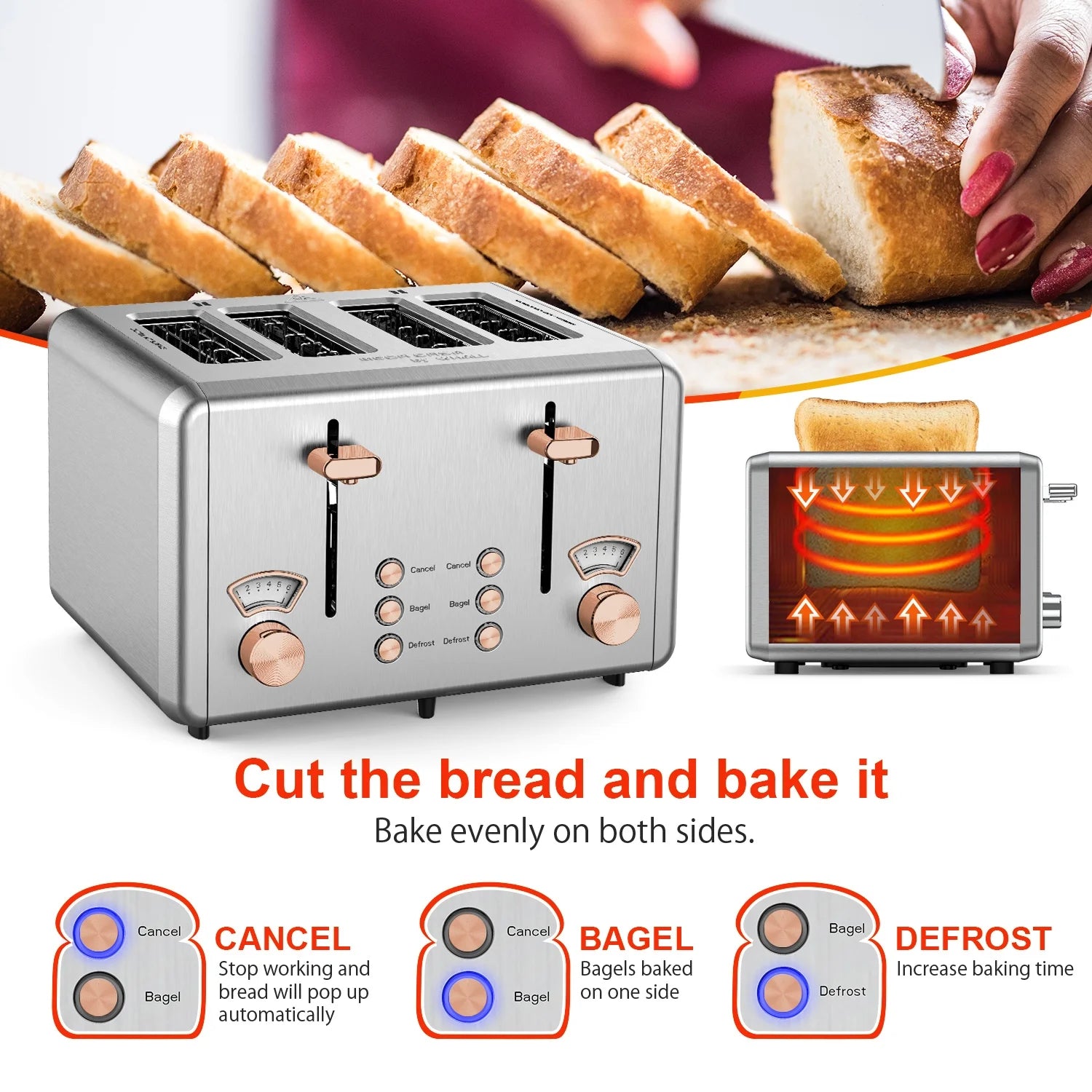 WHALL 4 Slice Toaster - Stainless Steel Bagel Toaster with Dual Control Panels, Wide Slot, 6 Shade Settings, Removable Crumb Tray